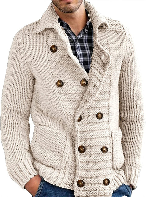 Mens Cable Knit Cardigan Sweater Stand Collar Button Down Loose Fit Long Sleeve Warm Casual Cardigans with Pockets