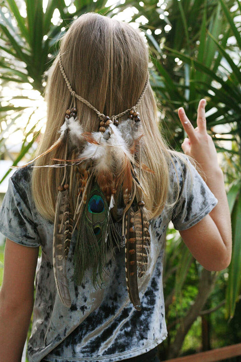 Peacock Feather Hippie Headband Accessories - AWAYTR Bohemia Tribal Indian Hippie Headpiece Braided Beads Headwear Festival Hair Decoration (beige-1)