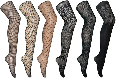 Womens Sexy Fishnet Tights Jacquard Pattern Lace Stockings Pantyhose 6pcs Pack