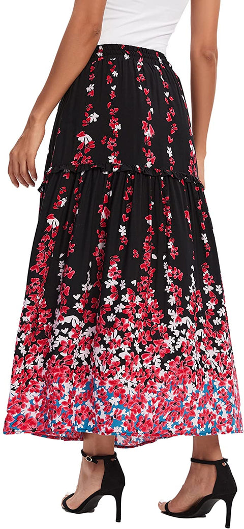 Women's Casual Elastic Waist Floral Print Pleated Maxi Skirt with Pocket