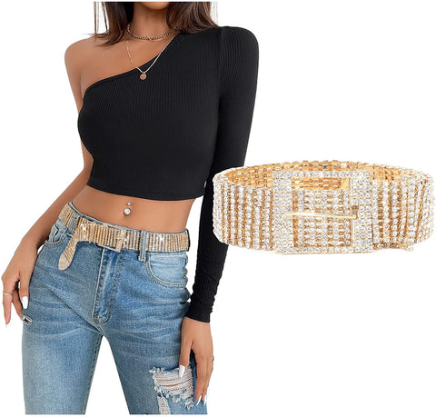 Women Crystal Belt Rhinestone Shiny Diamond Bling Glitter Chain Waist Belt for Jeans Dresses Pants Silver Gold