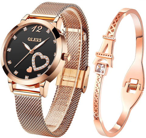 Ladies Quartz Rose Gold Watch Set