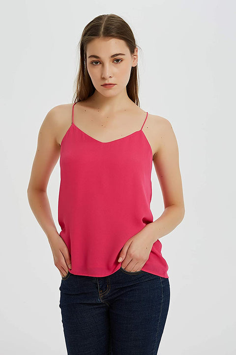 Womens Summer V-Neck Crepe Sleeveless Cami Tank Top Spaghetti Strap with Lining