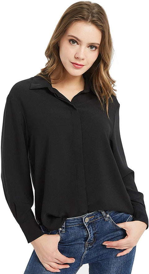 Women's Casual V Neck Crepe Blouses Long Sleeve Button Down Shirts Tops