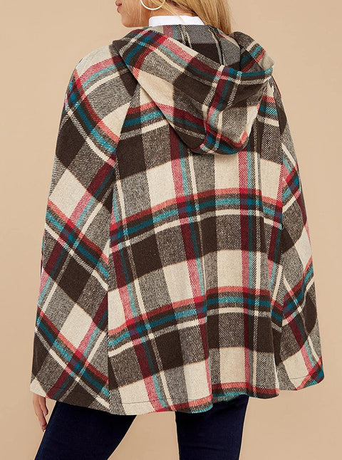 GAMISOTE Womens Jacket Plaid Cape Sleeveless Open Front Hooded Poncho Cloak Outerwear