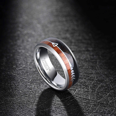 TRUMIUM 8mm Tungsten Wedding Ring Koa Wood Arrows Inlay Vikings Hunting Ring Silver/Black Band Dome Comfort Fit Size 6-13