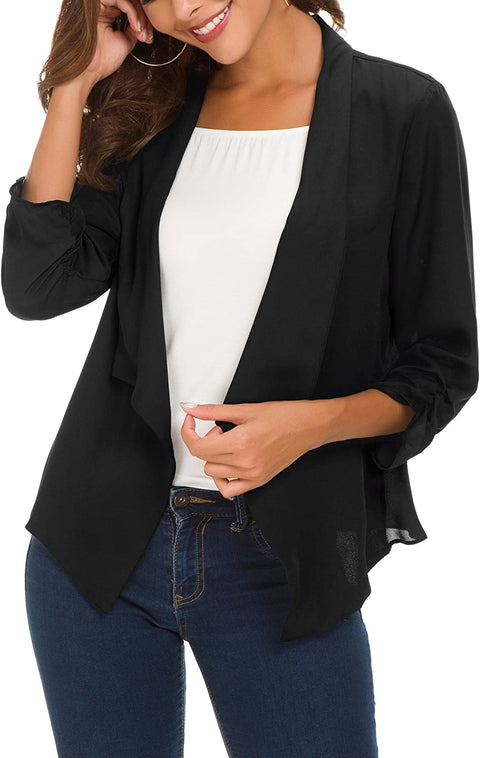 Women's Ruched Sleeve Lightweight Thin Chiffon Blazer