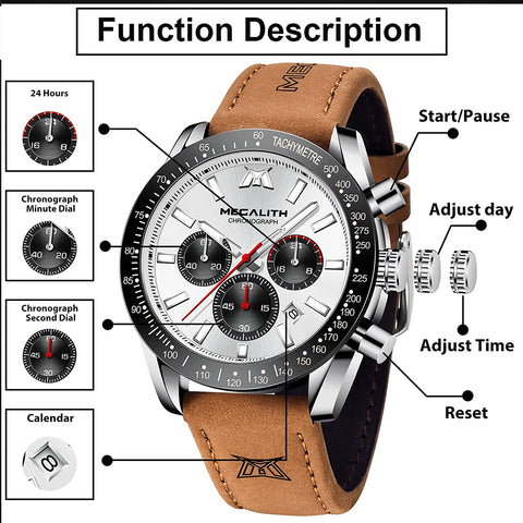 MEGALITH Mens Watch Waterproof Quartz Chronograph Watches for Men Men's Analog Stylish Sport Casual Classic Wrist Watch with Brown Leather Band Unique Gifts for Men