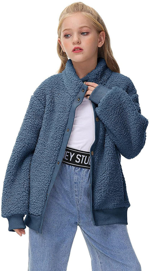GAMISOTE Girls Warm Fleece Jacket Button Up Faux Shearling Chunky Outerwear Coat With Pockets