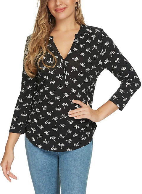 Women's 3/4 Sleeve Floral Print Shirts V Neck Button Up Blouse Tops