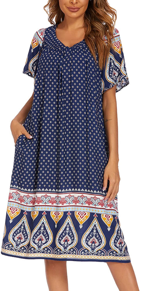 Womens Nightgown Short Sleeve House Dress with Pockets-Floral Print Mumu Dress S-XXXL Navy Blue