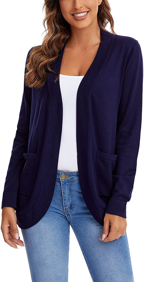 Womens' Long Sleeve Knit Sweater Cardigans Curved Hem Open Front with Pockets