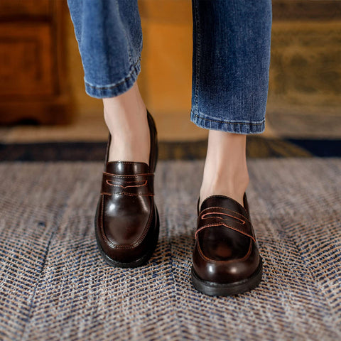 KANGFEINI Women's Apartment Wide Loafers Brown Work high Heel Platform Dress Shoes
