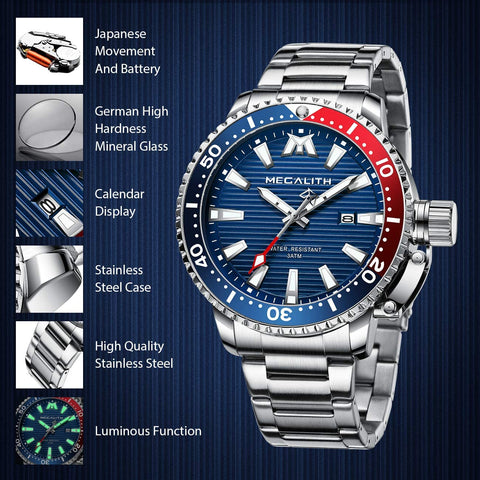 MEGALITH Mens Watches with Stainless Steel Waterproof Analog Quartz Fashion Business Luminous Metal Watch for Men, Auto Date