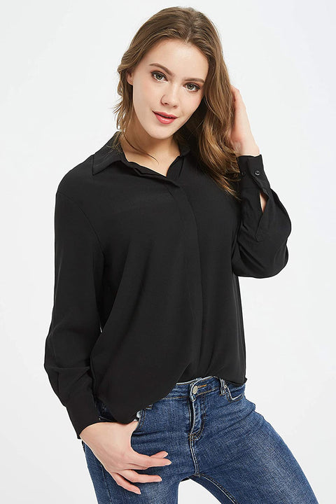 Women's Casual V Neck Crepe Blouses Long Sleeve Button Down Shirts Tops