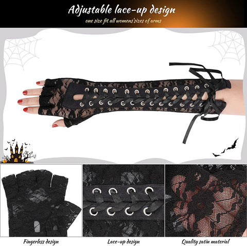 Womens Fingerless Gloves Black Satin Mitten Lace Up Steampunk Arm Warmer Gothic Elbow Gloves for Halloween Costume