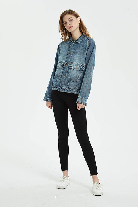 Womens Oversize Distressed Ripped Denim Washed Jacket with Applique Embroidery