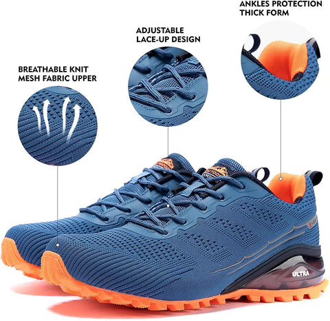 Kricely Men's Women Trail Running Shoes - Non-Slip Hiking Shoes Breathable Walking Footwear Outdoor Road Athletic Sneaker Blue