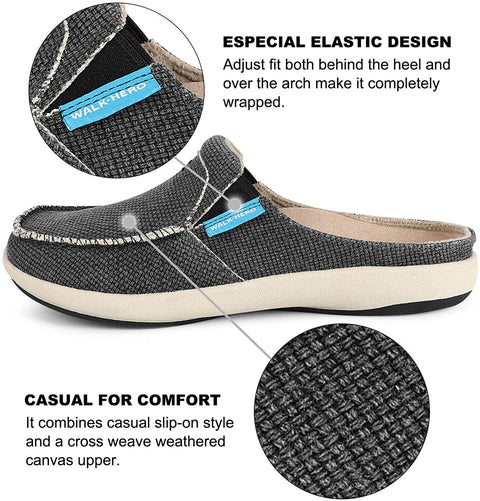 Womens Slippers with Arch Support - Canvas House Slipper for Women with Velvet Lining, Slip On Clog Mule Shoes Indoor Outdoor with Anti-Skid Rubber Sole