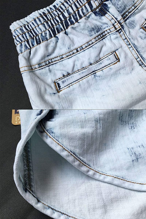 Women's Casual Elastic Waistband Mid Waisted Solid Irregular Denim Shorts