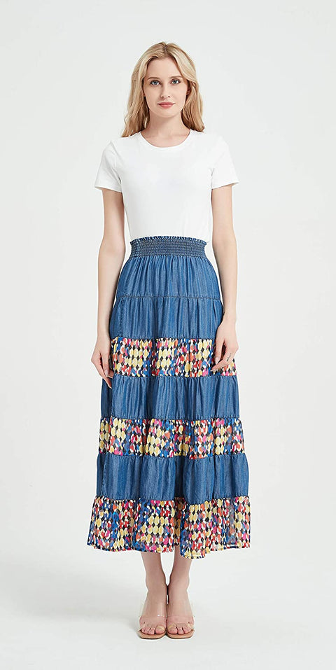 Womens Tencel Denim Long Midi Skirt Tired Multi Layers Fancy Geometric Print Patchwork