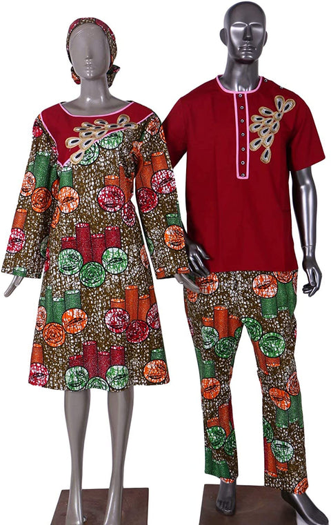 XIAOHUAGUA 2 Pieces Lovers Matching Long Sleeve Dresses with Headwrap for Womens Mens Pants Sets African Couple Wedding Clothes Red