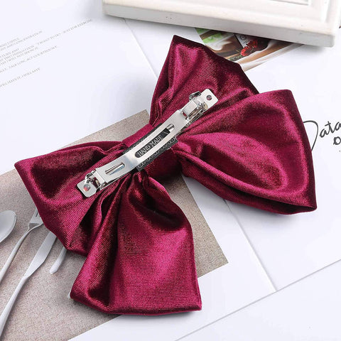 Velvet Bow Barrettes Hair Clips - AWAYTR 2 Packs Flower Elastic Big Hair Bow for Women Wedding Party (wine red+black)