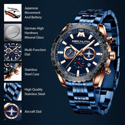 MEGALITH Mens Watches Chronograph Waterproof Watch Stainless Steel Watch Men Sports Military Watch Analog Quartz Date Calendar Luminous Watches for Man Business Gents Multifunctional Wrist Watch