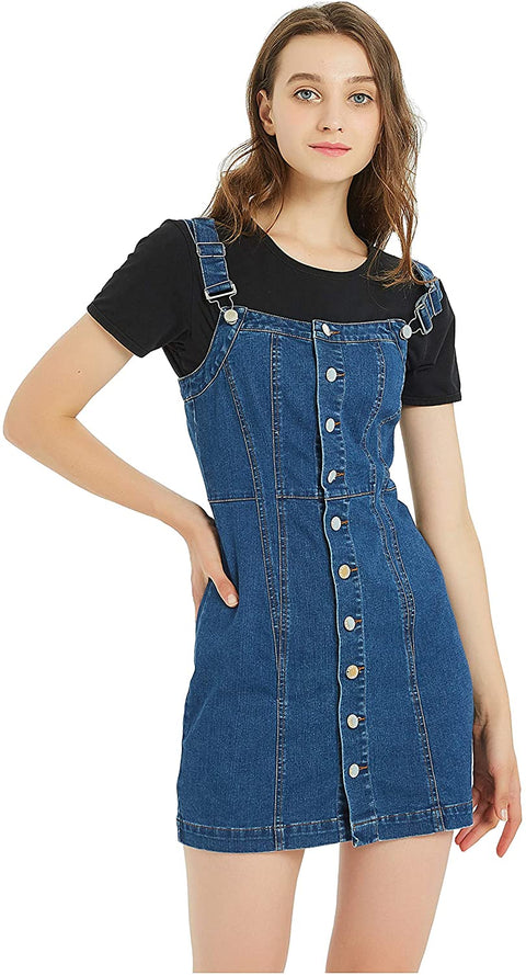 Women's Button Front Classic Adjustable Strap Overall Denim Skirt Dress