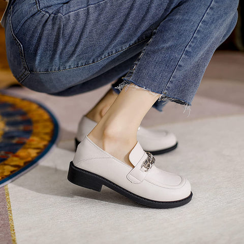 KANGFEINI Fashion Ladies Classic Round Toe Chain Decorative Loafers Comfortable Driving Office Loafers