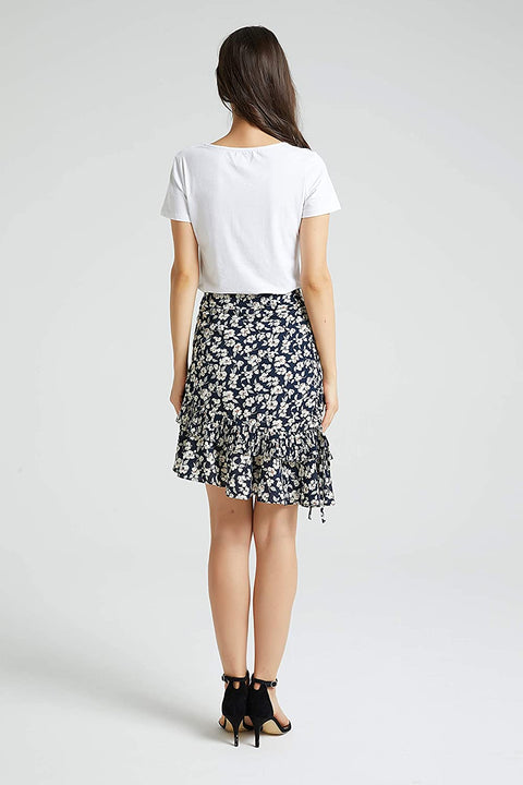 Womens A Line Chiffon Print Pleated Midi Skirt High and Low Hem