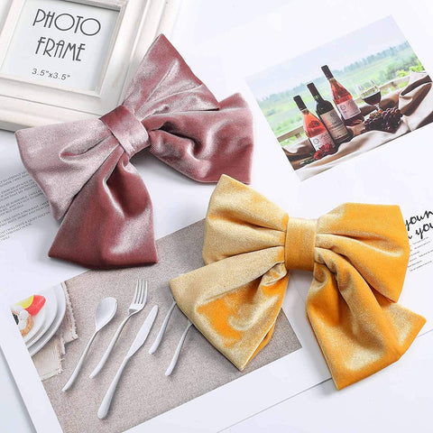 Velvet Bow Barrettes Hair Clips - AWAYTR 2 Packs Flower Elastic Big Hair Bow for Women Wedding Party (yellow+pink)