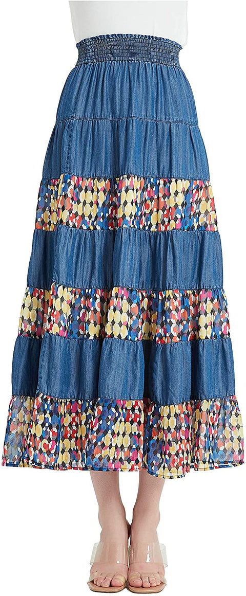 Womens Tencel Denim Long Midi Skirt Tired Multi Layers Fancy Geometric Print Patchwork