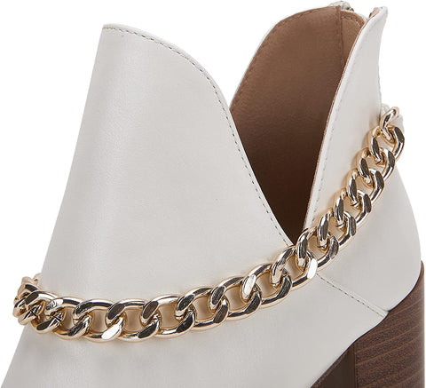 Womens V Cut Out Ankle Boots Chunky Block Back Zipper Booties Pointed Toe Comfortable Shoes with Metal Chain