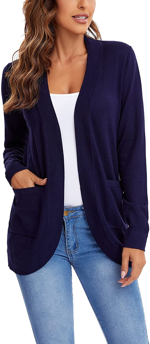 Womens' Long Sleeve Knit Sweater Cardigans Curved Hem Open Front with Pockets