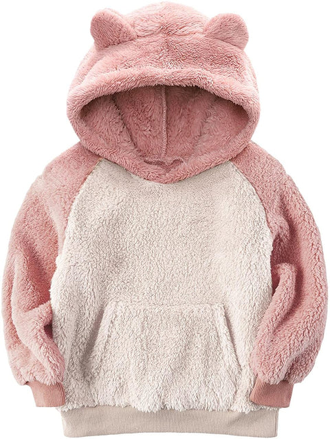 Baby Kids Girls Boys Fluffy Hoodies Sherpa Fleece Sweatshirts Winter Coats Cute Ear Pullovers with Kangaroo Pocket