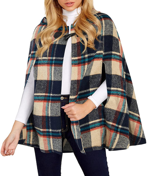 GAMISOTE Womens Jacket Plaid Cape Sleeveless Open Front Hooded Poncho Cloak Outerwear