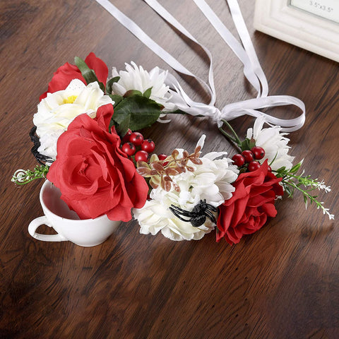 AWAYTR Halloween Spider Rose Flower Headband Leave Flower Adjustable Ribbon Headband Wedding Festival Headdress for Girls (White+red+Fake Spider)