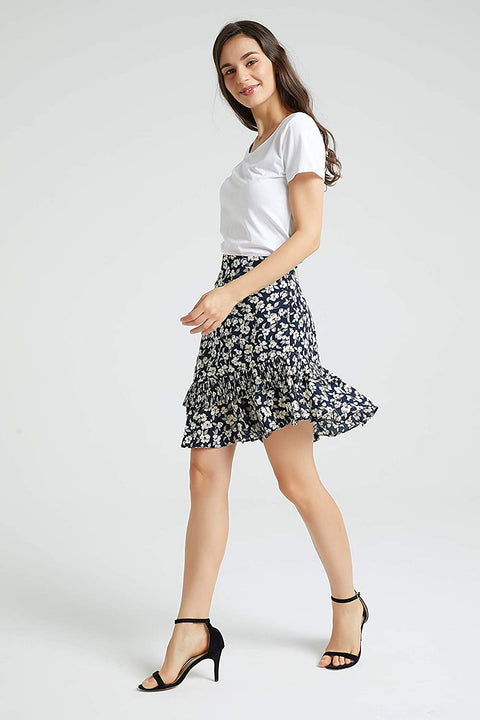 Womens A Line Chiffon Print Pleated Midi Skirt High and Low Hem