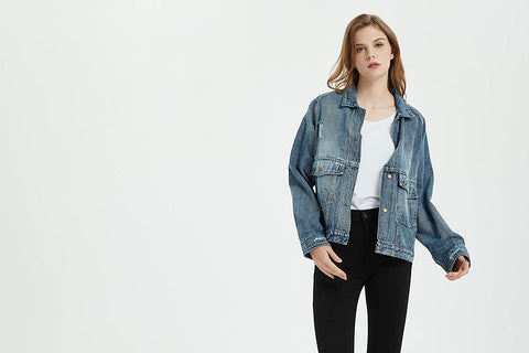Womens Oversize Distressed Ripped Denim Washed Jacket with Applique Embroidery