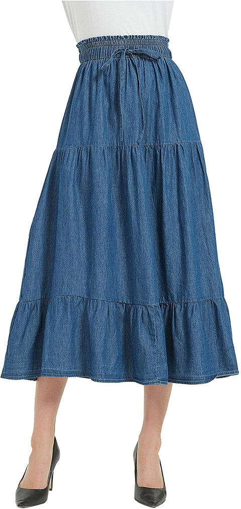 Womens A Line Long Midi Denim Skirt Tired Pleated Layers Elastic Waist Front Drawstring