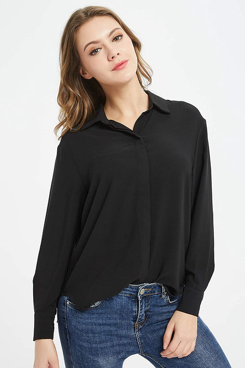 Women's Casual V Neck Crepe Blouses Long Sleeve Button Down Shirts Tops