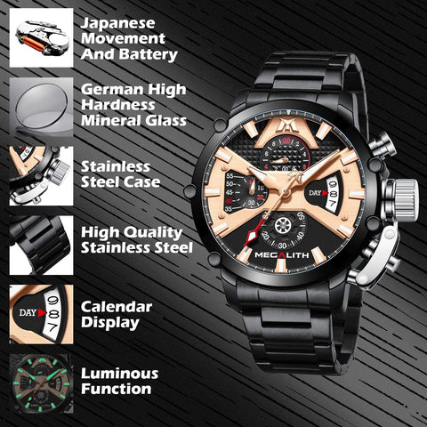 MEGALITH Men's Watch 45mm Stainless Steel Chronograph Waterproof Fashion Watch Analog Quartz Date Heavy Duty Watches for Men Metal Luminous Multifunctional Cool Designer Gents Wrist Watches
