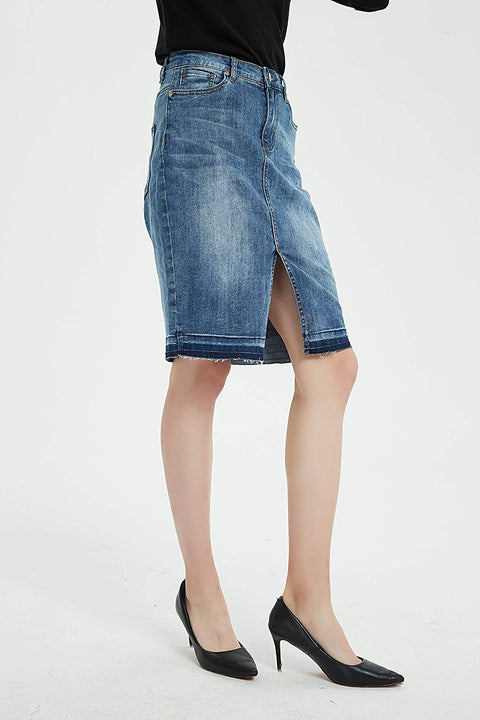 Womens Distressed Stretch Denim Pencil Skirt Frayed Hem