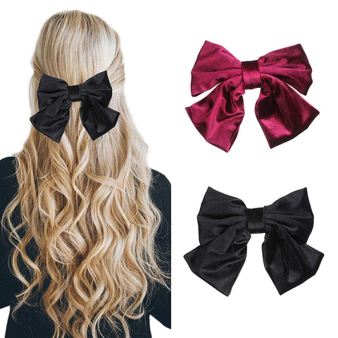 Velvet Bow Barrettes Hair Clips - AWAYTR 2 Packs Flower Elastic Big Hair Bow for Women Wedding Party (wine red+black)