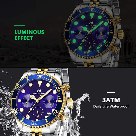 MEGALITH Men's Watch 41mm Stainless Steel Chronograph Waterproof Business Watch Analog Quartz Date Watches for Men Metal Luminous Multifunctional Casual Designer Gents Wrist Watches