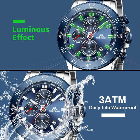 MEGALITH Mens Chronograph Watches Stainless Steel Man Waterproof Watch Luminous Gent Wristwatches for Men Fashion Business Classic Analog Quartz Date Watches