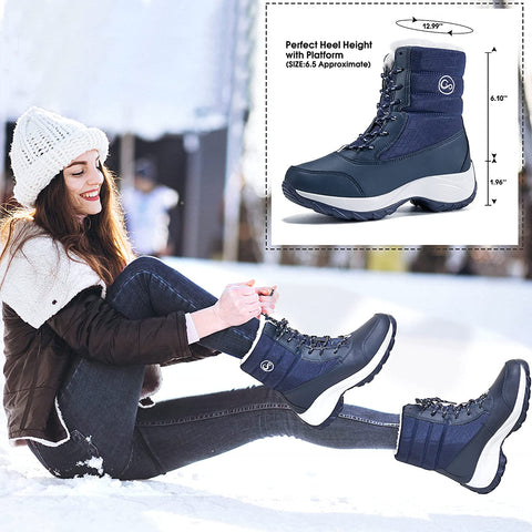 Women's Winter Snow Boots Waterproof Warm Fur Lining Mid-Calf Booties Fashion Comfortable Slip on Outdoor Shoes Lace Up