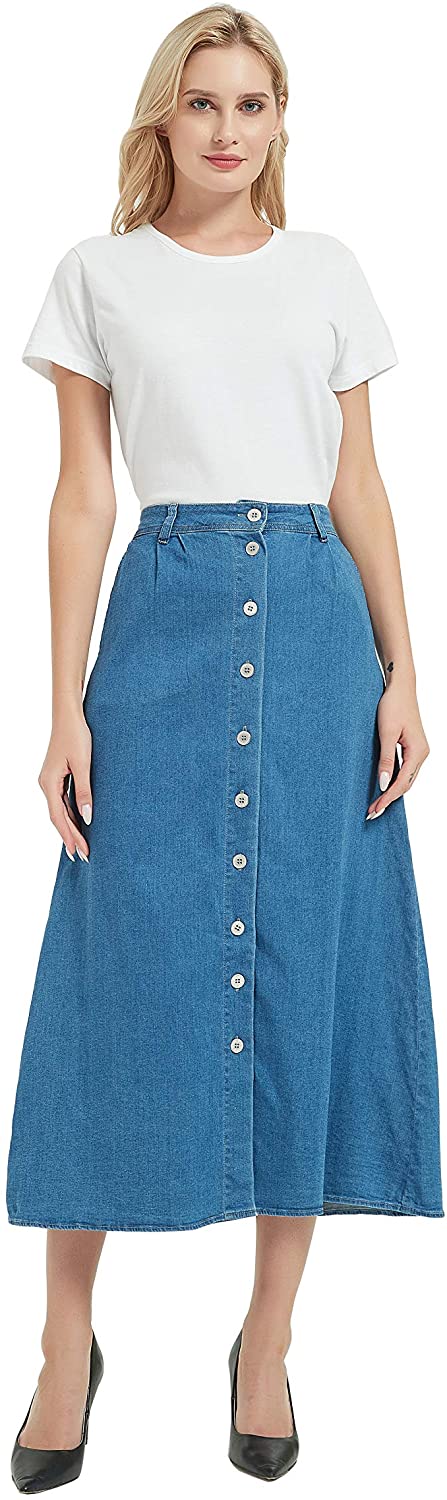 Womens A Line Long Midi Denim Skirt with Button Front
