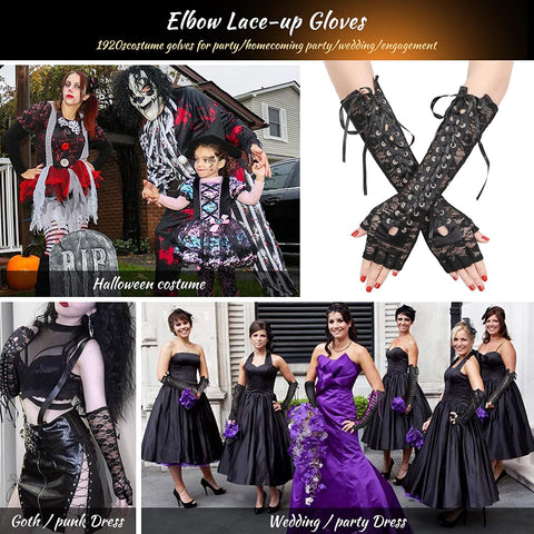 Womens Fingerless Gloves Black Satin Mitten Lace Up Steampunk Arm Warmer Gothic Elbow Gloves for Halloween Costume